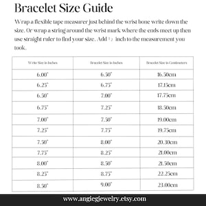 May include: A black and white bracelet size guide chart with instructions on how to measure a wrist. The table lists wrist measurements in inches alongside corresponding bracelet sizes in inches and centimeters, ending with a website URL.