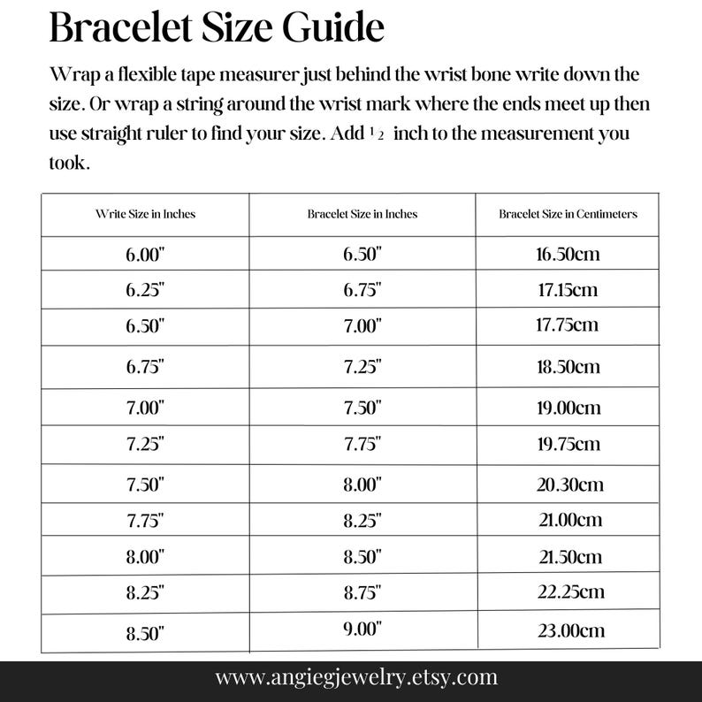 May include: A black and white bracelet size guide chart with instructions on how to measure a wrist. The table lists wrist measurements in inches alongside corresponding bracelet sizes in inches and centimeters, ending with a website URL.