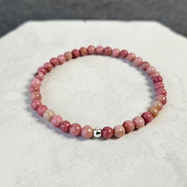 Rhodonite Bracelet, Natural Stone 4MM Beads, Handmade Elastic Jewelry, Genuine Rhodonite Crystal, Dainty Bracelet Christmas Gift for Women