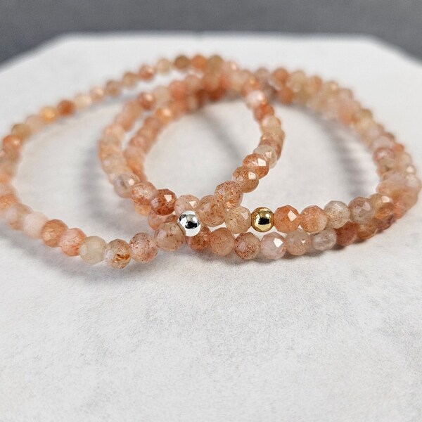 Beautiful Sunstone Bracelet - Faceted Dainty 4MM Beads - Natural Sunstone Jewelry - Handmade Stretchy Crystal Bracelet - Gift for Her