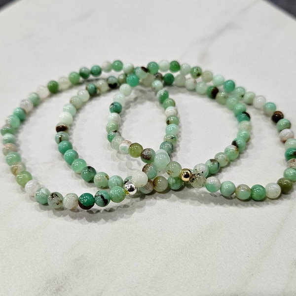 Chrysoprase Bracelet, Natural Australian Chrysoprase, 4MM Small Beads, Stretchy Gemstone Bracelet, Dainty Jewelry Gift for Her