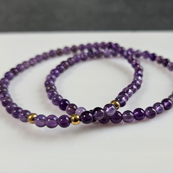 Natural Amethyst Bracelet, February Birthstone Amethyst Jewelry, Dainty 4MM Gemstone Beaded Bracelet for Her