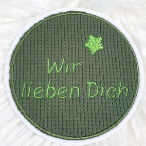 Applikation Aufbügler Button mit Text grün Schulkind Patch Bügelbild Einschulung Jungen, passend zu Traktor oder Tyranosaurus Schultüte