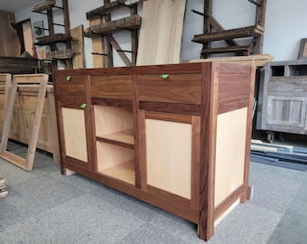 Custom made, Hand-made, Walnut and Maple Kitchen Island with built-in Cabinets, dovetail drawers, flush frame, modern, hard wood