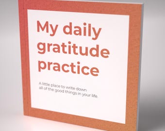 May include: A small, orange and white journal with the text "My daily gratitude practice" and "A little place to write down all of the good things in your life."