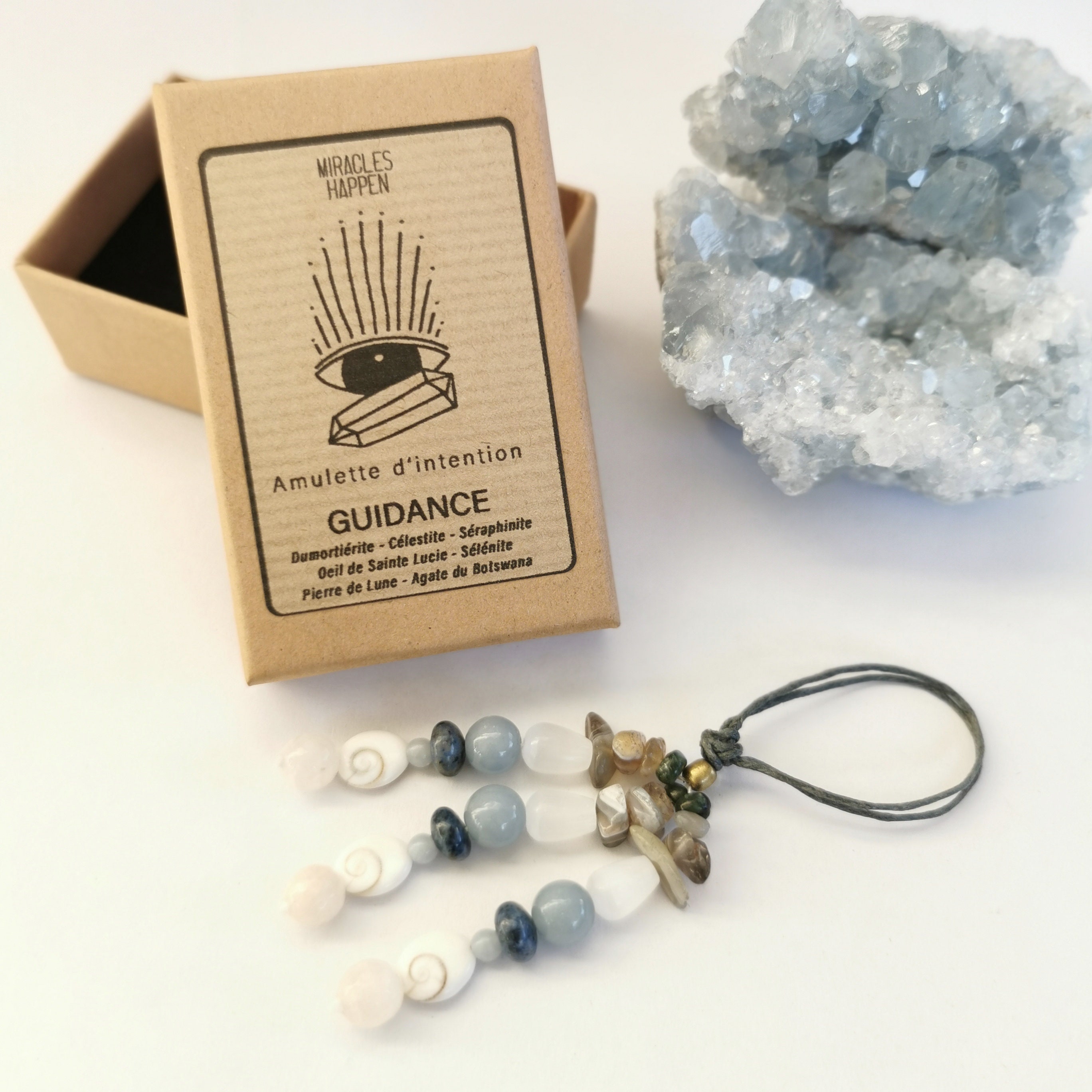 Amulette d'intention Guidance à Mettre Autour Du Doigt Dumortiérite Célestite Séraphinite Œil de Sai