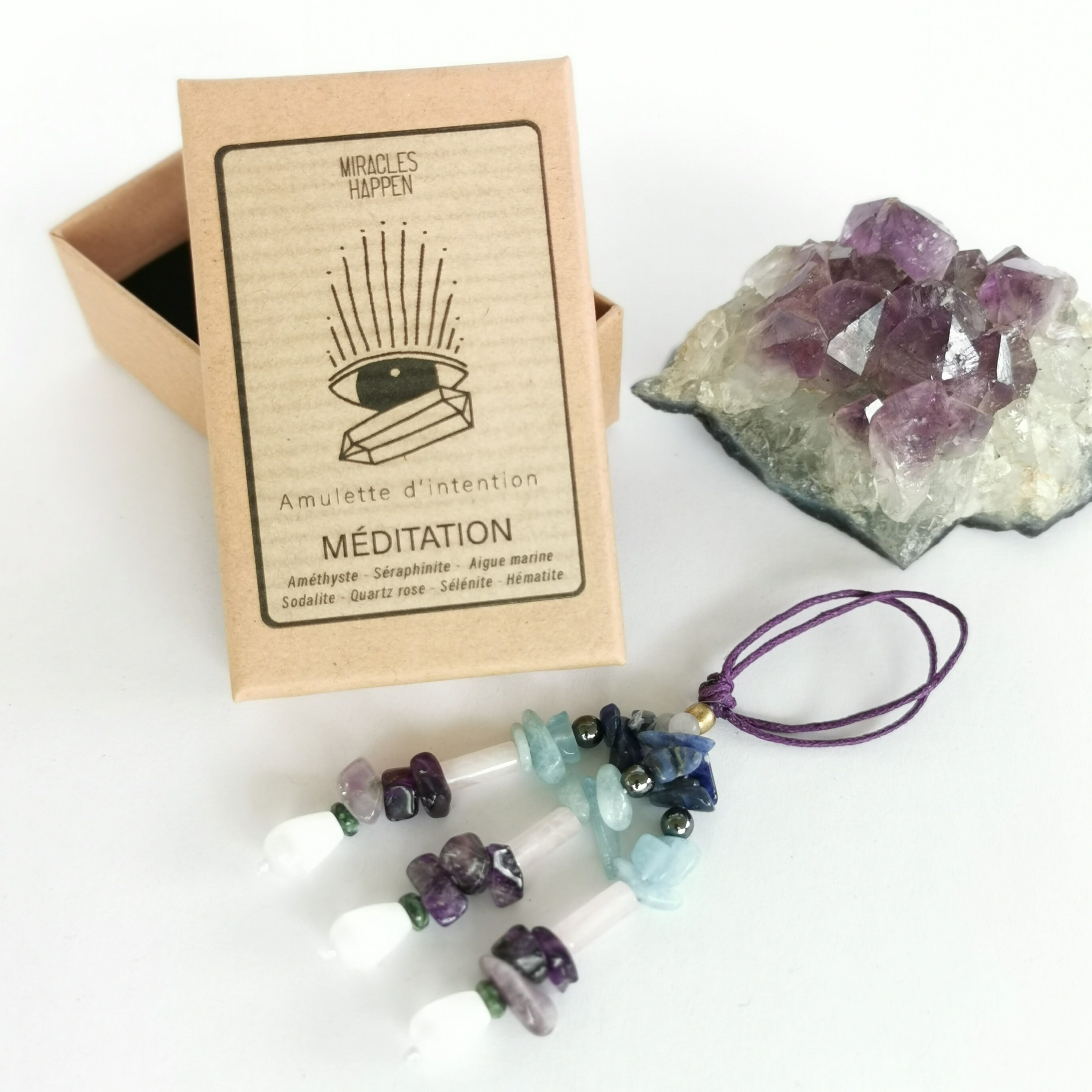 Amulette d'intention Méditation à Mettre Autour Du Doigt Améthyste, Séraphinite, Aigue Marine, Sodal