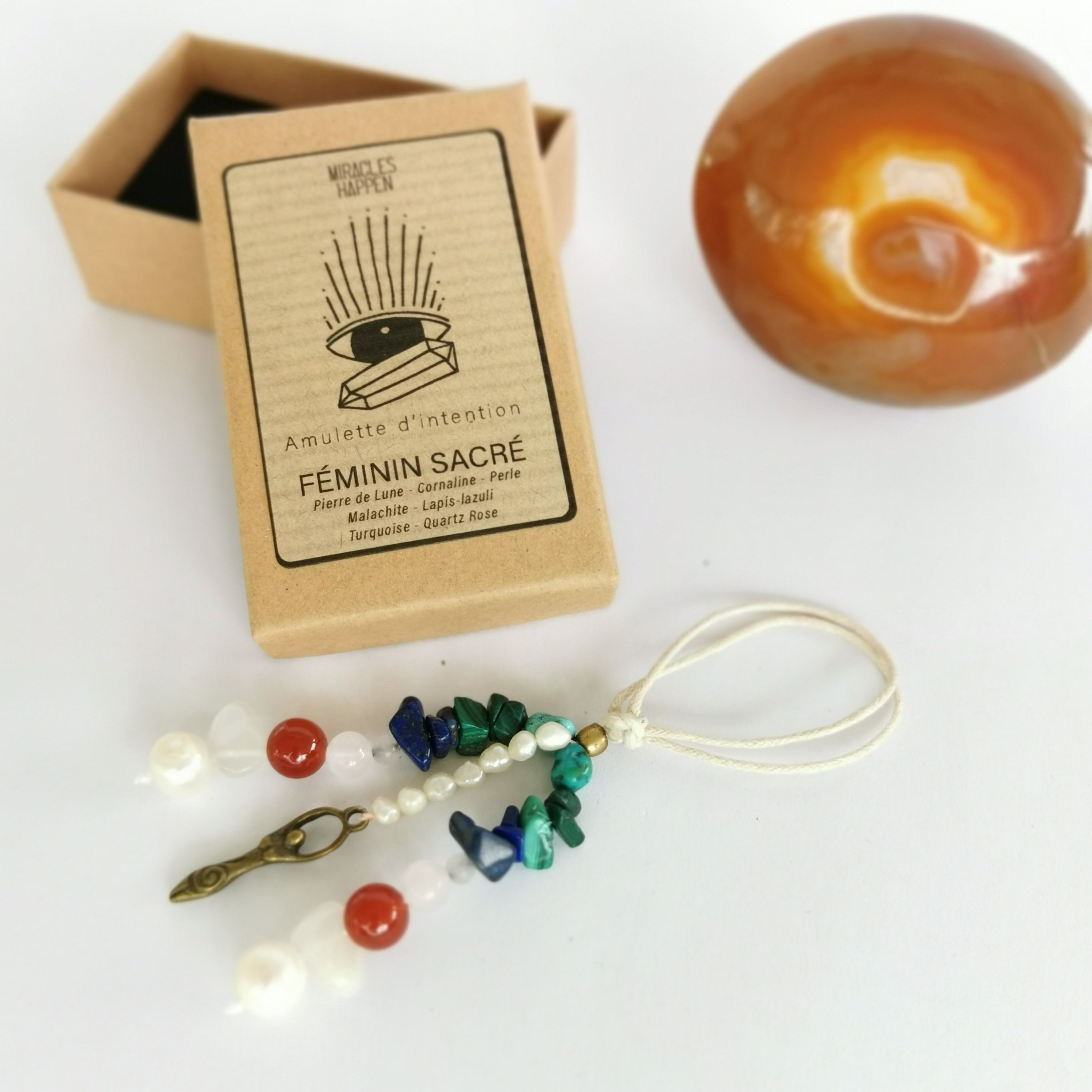 Amulette d'intention Féminin Sacré à Mettre Autour Du Doigt Pierre de Lune Cornaline Perle Malachite