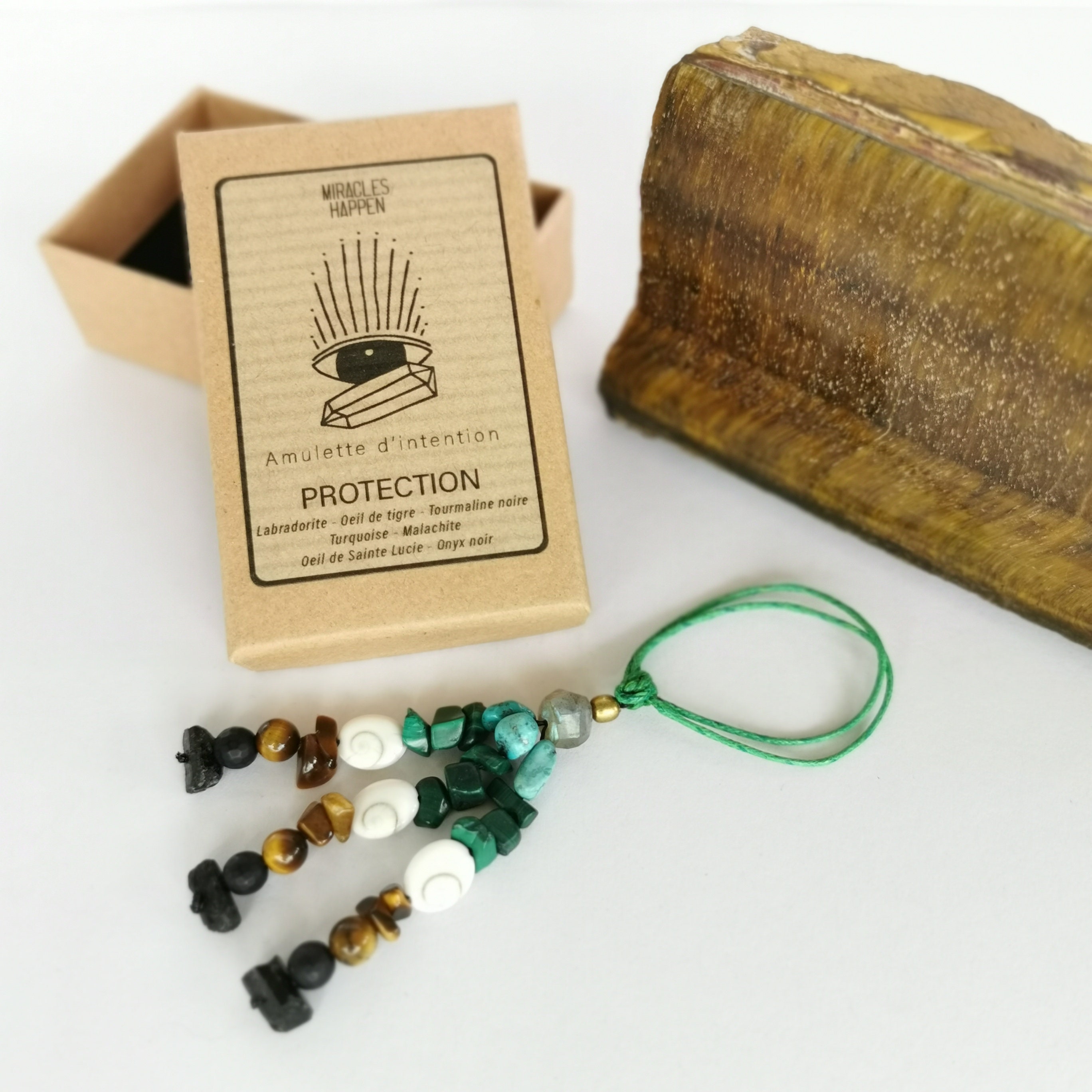 Amulette d'intention Protection à Mettre Autour Du Doigt Labradorite, Œil de Tigre, Tourmaline, Turq