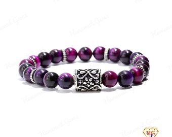 AAA+ Grade Geniune Purple Tiger's Eye Stretch Bracelet,8.00 MM Tiger's Eye Smooth Round Shape Beaded Bracelet In Handmade Jewelry