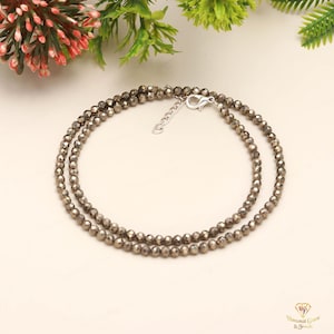 AAA+ Grade Geniune Pyrite Beaded Necklace, 3-3.5 MM Pyrite Faceted Beads Choker Necklace In Handmade Jewelry