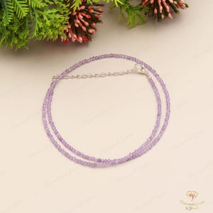 May include: A delicate, double-strand necklace featuring small, light purple beads. The necklace is connected by a silver chain and clasp. The background includes green foliage and pink flowers, creating a soft, natural aesthetic.