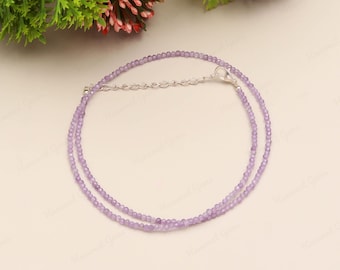 AAA+ Grade Geniune Lavender Amethyst Beaded Necklace, 2-2.5 MM Amethyst Faceted Beads Choker Necklace In Handmade Jewelry