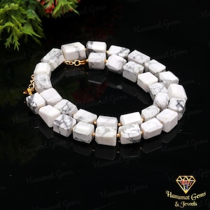 AAA+ Grade Geniune White Howlite Nuggets Beads Necklace, Howlite Faceted Nugget/Tumble Beaded Choker Necklace In Handmade Jewelry