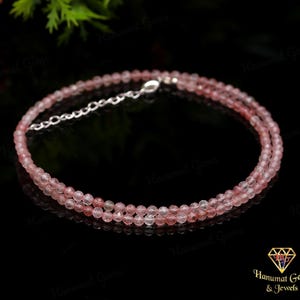 AAA + Grade Geniune Erdbeerquarz Perlenhalskette, 3-3,5 MM Erdbeerquarz facettierte runde Perlen Chokerhalskette in handgemachtem Schmuck