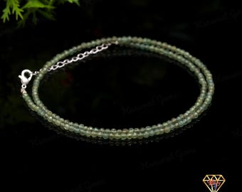 Collana con perline di apatite verde genuina di grado AAA+, collana girocollo da donna con perline rotonde sfaccettate in apatite verde da 3-3,5 mm, realizzata a mano