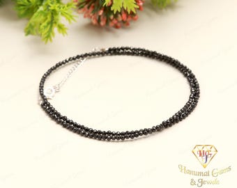AAA+ Grade Geniune Black Tourmaline Beaded Necklace,2.5-3 MM Tourmaline Faceted Round Beads For Women Choker Necklace In Handmade Jewelry
