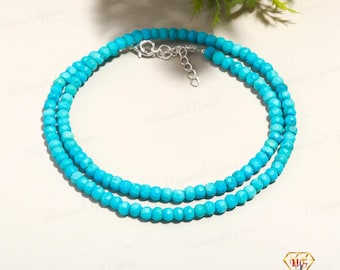 AAA+ Geniune Blue Turquoise Rondelle Faceted 4-5 MM Beaded Choker Necklace In Handmade Jewelry