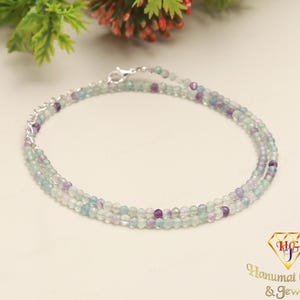AAA+ Grade Geniune Multicolor Fluorite Beaded Necklace,3-3.5 MM Multi Fluorite Faceted Beads Choker Necklace In Handmade Jewelry