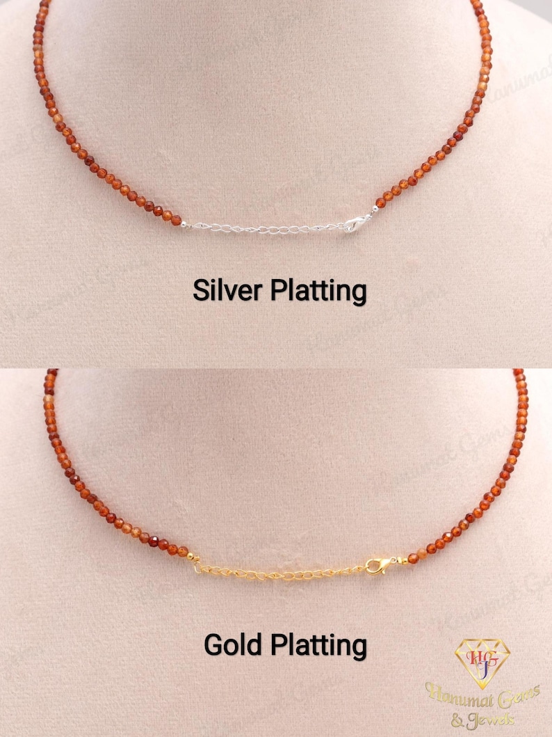 May include: Two necklaces with small, round, reddish-brown beads. One necklace has silver plating, and the other has gold plating. The text "Silver Plating" and "Gold Plating" are below each necklace.