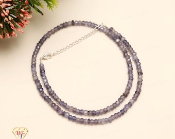May include: A delicate necklace featuring small, faceted, purple-grey gemstones strung together. The necklace has a silver-colored clasp and chain. The background is a soft, neutral color, with a sprig of greenery and flowers in the upper left corner.