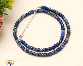 AAA+ Geniune Blue Lapis Lazuli Rondelle Faceted 5-6 MM Beaded Choker Necklace In Handmade Jewelry