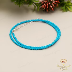 AAA+ Grade Geniune Blue Turquoise Beaded Necklace,3-3.5 MM Turquoise Faceted Beads Choker Necklace In Handmade Jewelry