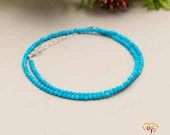 AAA+ kwaliteit echte blauwe turkoois kralenketting, 33,5 mm turkoois choker ketting met facetkralen in handgemaakte sieraden