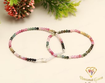 AAA+ Grade Geniune Multicolor Tourmaline Beaded Bracelet,3-3.5MM Tourmaline Faceted Round Bead Stretch & Clasp Bracelet In Handmade Jewelry