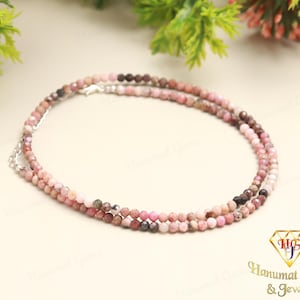 AAA+ Grade Geniune Pink Rhodonite Beaded Necklace,3-3.5 MM Rhodonite Faceted Beads Choker Necklace In Handmade Jewelry