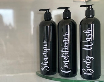 Set of 3 Elegant Black Shampoo, Conditioner and Body Wash Pump Bottles