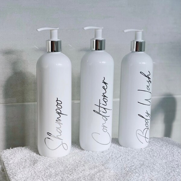 Set of 3 Silver Shampoo, Conditioner and Body Wash Pump Bottles