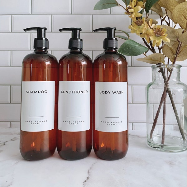 Set of 3 Amber Shampoo, Conditioner and Body Wash Pump Bottles