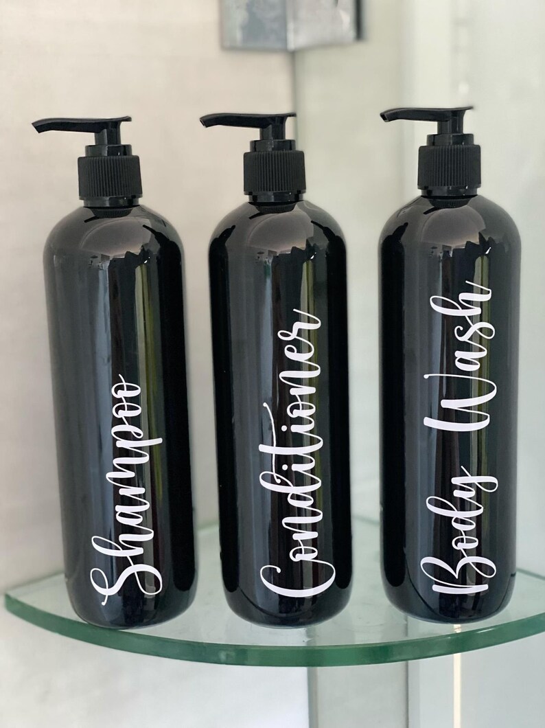 Set of 3 Elegant Black Shampoo, Conditioner and Body Wash Pump Bottles image 4