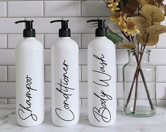 Set of 3 White Shampoo, Conditioner and Body Wash Pump Bottles