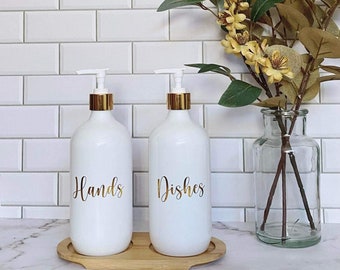 Set of 2 Elegant White Hands and Dishes Soap Dispensers with gold writing and pump cap