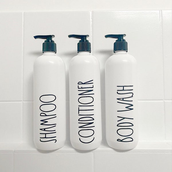 Set of 3 Rae Dunn Inspired Elegant White Shampoo, Conditioner and Body Wash Pump Bottles shower bath set