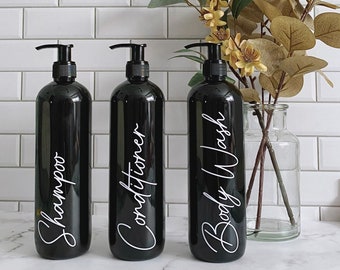 Set of 3 Elegant Black Shampoo, Conditioner and Body Wash Pump Bottles