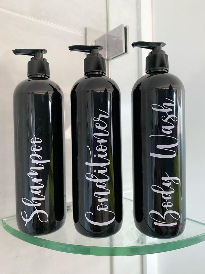 Set of 3 Elegant Black Shampoo, Conditioner and Body Wash Pump Bottles image 2