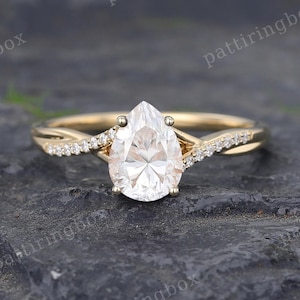 Unique Pear shaped Moissanite engagement ring Yellow gold engagement ring Diamond Ring Dainty Split Shank ring Anniversary Promise ring