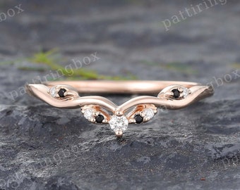 Rose gold Black onyx wedding band Unique Diamond Curved wedding band Matching Stacking band Art deco Bridal ring Promise ring