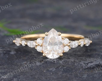 Pear Moissanite engagement ring Vintage Yellow gold engagement ring Marquise cut Diamond Ring Unique wedding Anniversary Promise ring gift