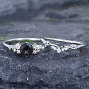 Black Rutilated Quartz engagement ring set White gold engagement ring Vintage Bridal set Diamond wedding Curved Anniversary Promise ring