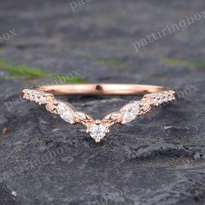 Marquise cut Moissanite Filigree wedding band Rose gold Pave Diamond Curved wedding band Leaf Matching Stacking band Vintage Promise band