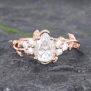 Unique Pear shaped Moissanite engagement ring Vintage Rose gold engagement ring Diamond Leaf Bridal Cluster ring Anniversary Promise ring