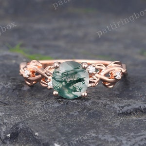 Vintage Moss agate engagement ring 14k Rose gold Moissanite engagement ring Unique Diamond leaf ring Bridal Anniversary Promise ring