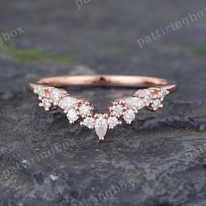 Marquise Schnitt Moissanit gebogener Ehering Rosegold Diamant Geschwungener Ehering Art Deco Passender Stapelring Vintage Promise Band