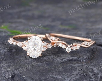 Unique Oval Moissanite engagement ring set rose gold engagement ring Vintage Bridal set Marquise cut Diamond Curved Anniversary Promise ring