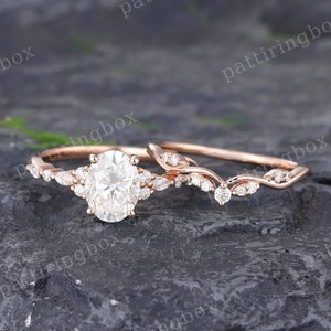 Unique Oval Moissanite engagement ring set rose gold engagement ring Vintage Bridal set Marquise cut Diamond Curved Anniversary Promise ring