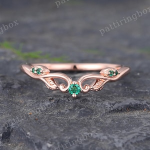 Emerald Filigree curved wedding band Rose gold Curved wedding band Art deco Hollow out ring Leaf Matching Stacking band Vintage Promise band